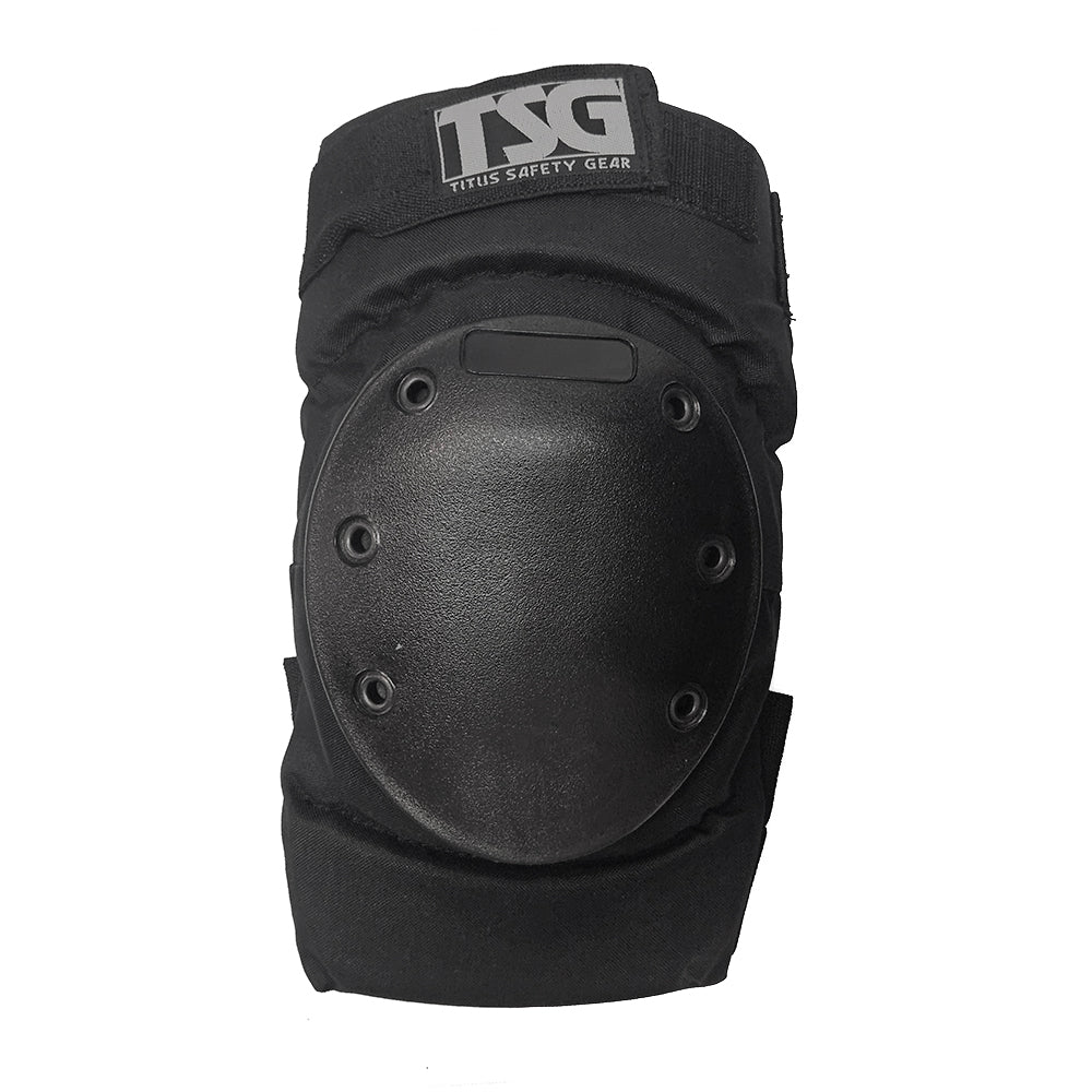 Black knee pad with TSG logo on a white background